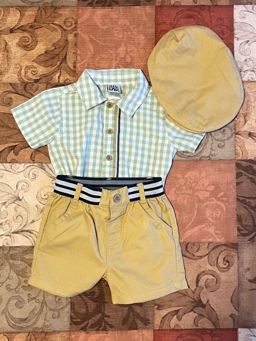 Little Lad Baby Boy Casual Outfit 6/9 Months Tan Shorts Hat Green Gingham Shirt